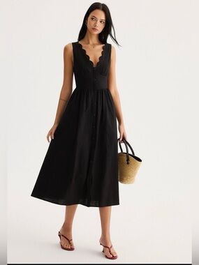 COMMENCE Black Scallop-Trim Midi Dress